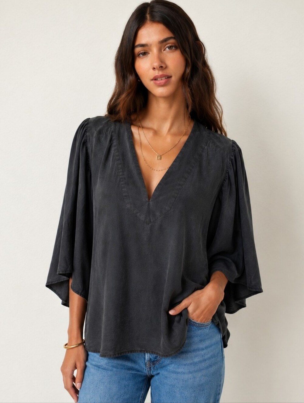 JOIE 100% Silk Charcoal Gray Boho Flutter Sleeve Blouse | V-Neck Romantic Top M